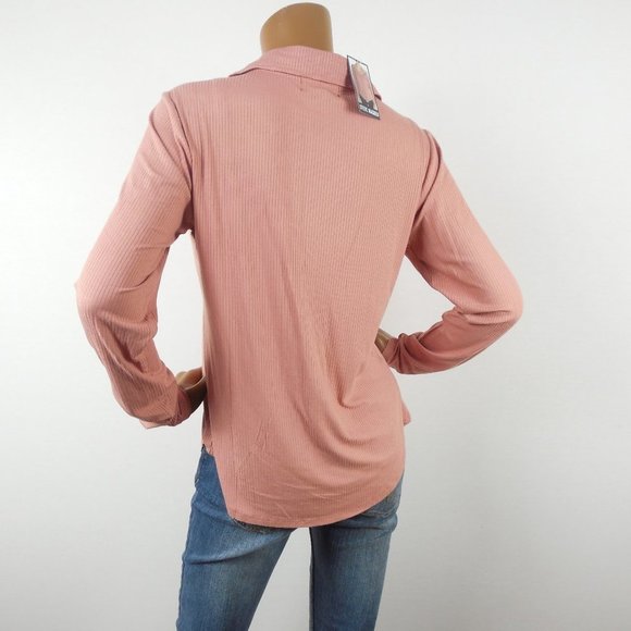 STEVE MADDEN Top L New $59 Button Down Blouse Pink Rose Stretch V-Neck Long Slvs - Picture 6 of 9